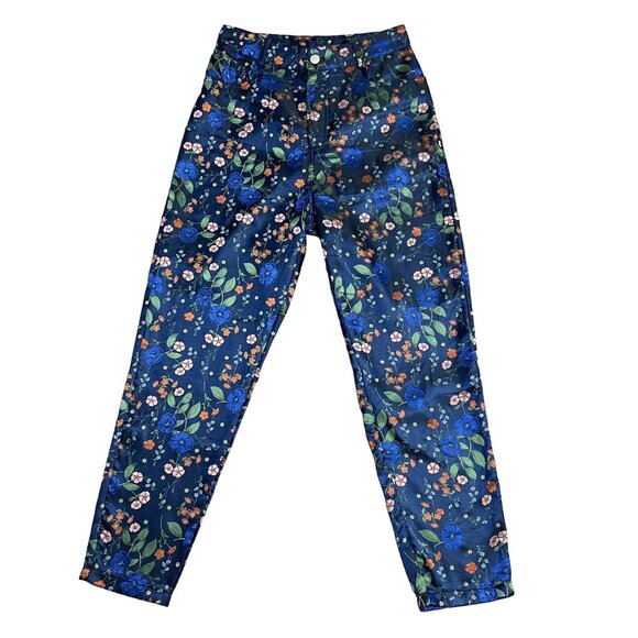FORE FLORAL PANTS HIGH RISE NAVY COLORFUL ARTSY POCKETS TAPERED SIZE S FEMININE - Picture 1 of 11